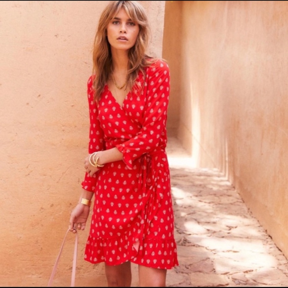 SEZANE red and white print wrap dress